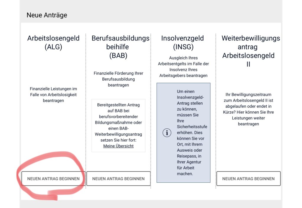 ドイツの失業保険の申請画面 1