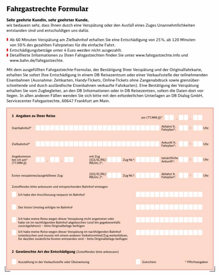 ドイツ鉄道で遅延した際の返金用紙 1