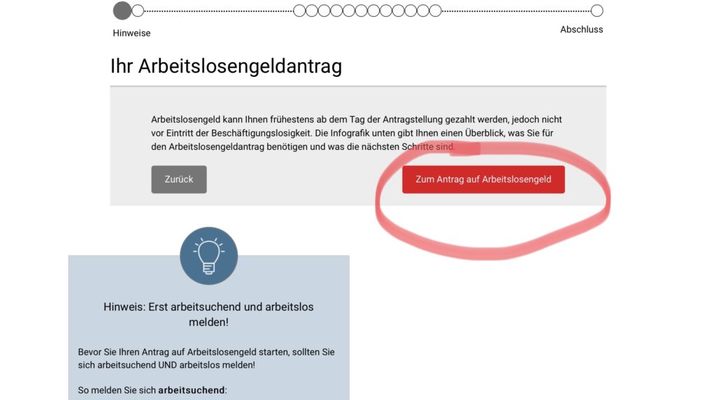 ドイツでの失業保険の申請画面　2